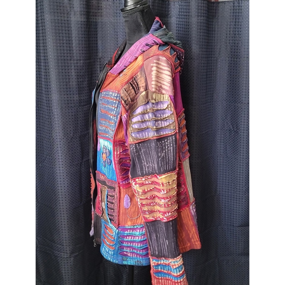 Handmade Nepal Patchwork Razor Cut Hoodie Jacket Multicolor Boho XL Cotton - Picture 2 of 9
